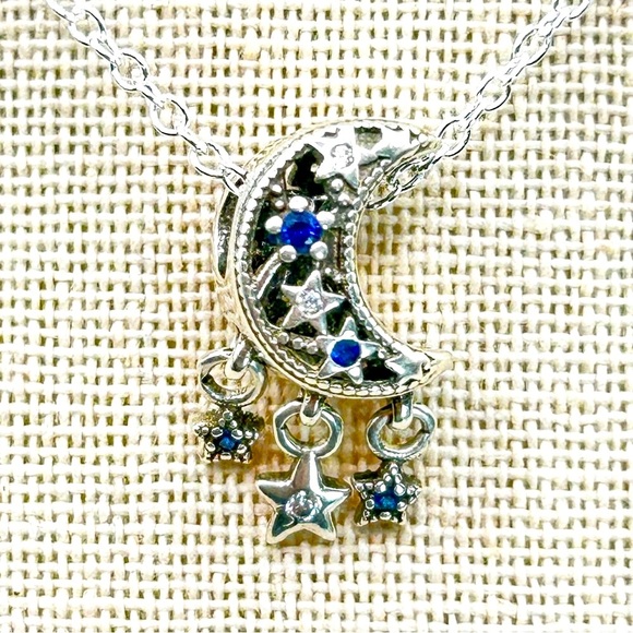 NWOT Sterling silver crescent moon w dangling stars charm pendant necklace 18” - Picture 2 of 8